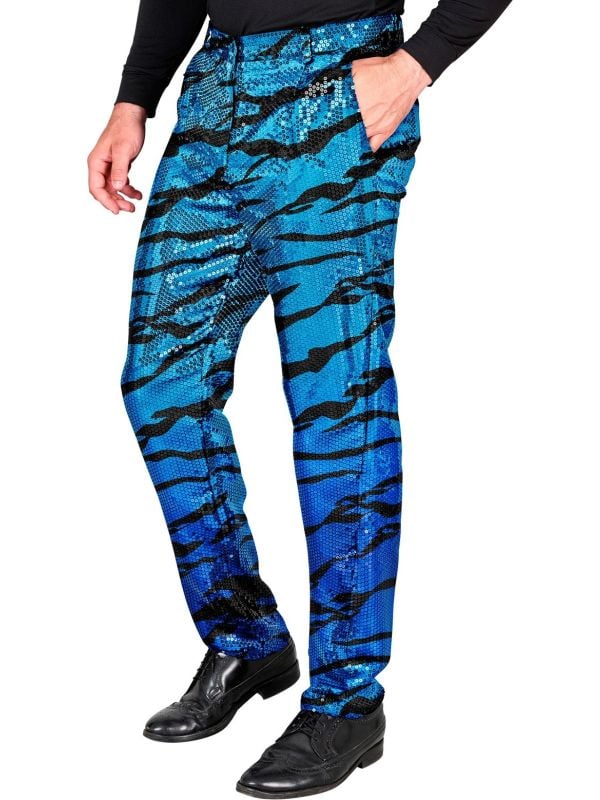 Blauwe zebra pailletten broek