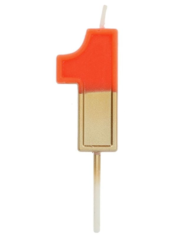 Cijfer 1 taartkaars retro goud/oranje 5 cm