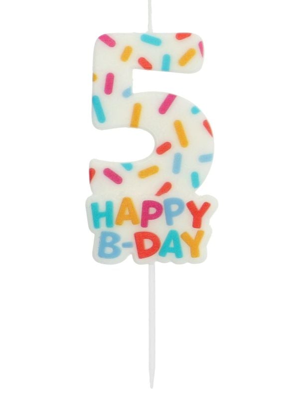 Cijfer 5 taartkaars gekleurde sprinkles 7 cm