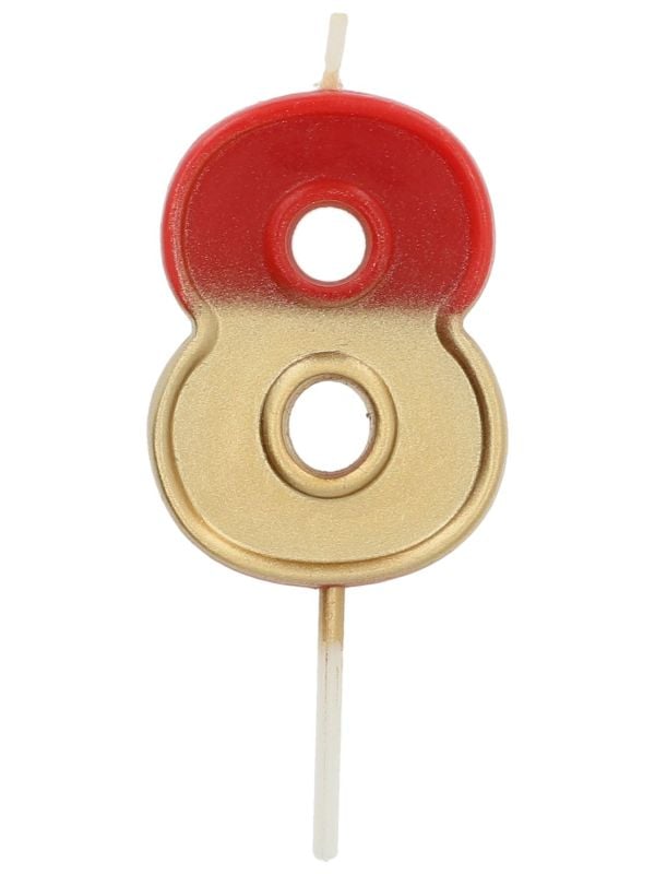 Cijfer 8 taartkaars retro goud/rood 5 cm