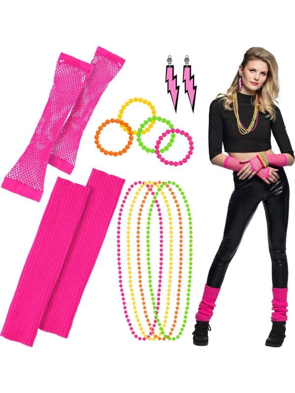 Complete 80s retro neon roze accessoire set