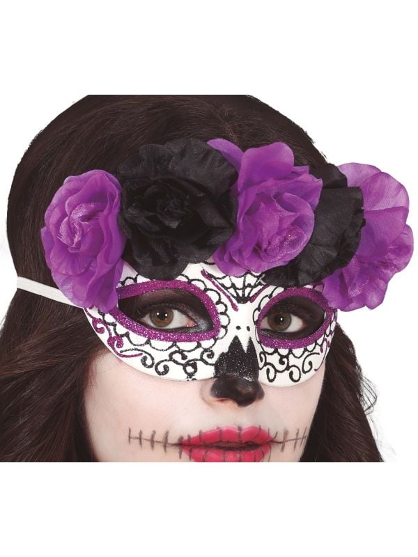 Dia de los muertos bloemen masker paars