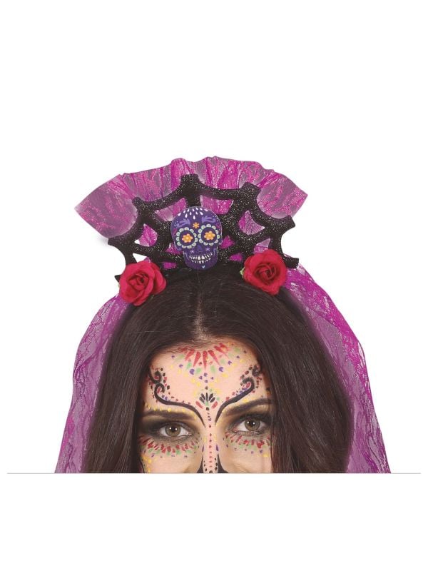 Dia de los muertos tiara met sluier paars