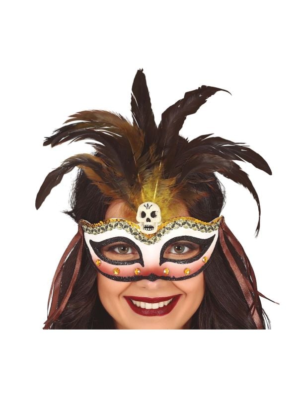 Goud zwart voodoo masker met veren