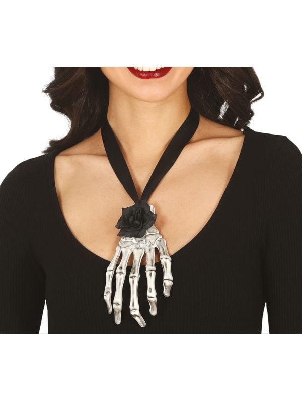 Halloween skelet hand ketting met roos