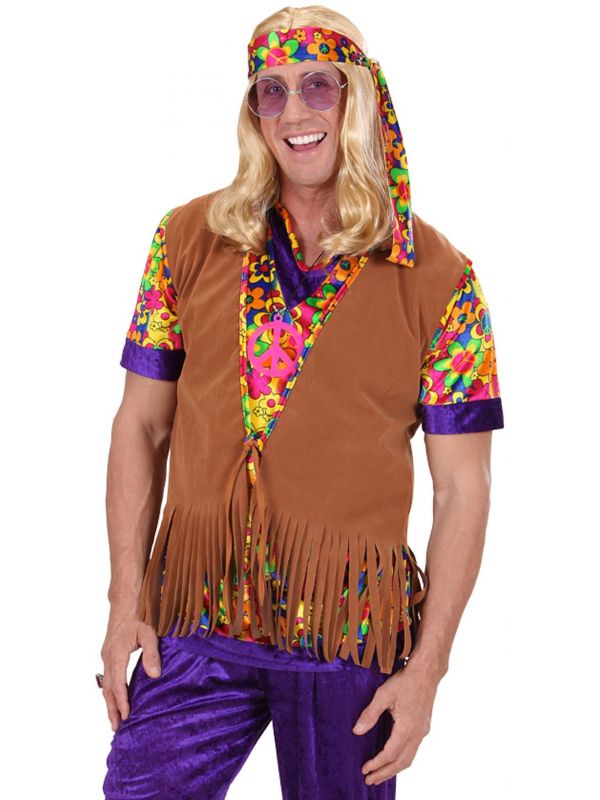 Schildknaap Herhaald Weekendtas Hippie heren suède vest met bloemetjes hoofdband | Carnavalskleding.nl