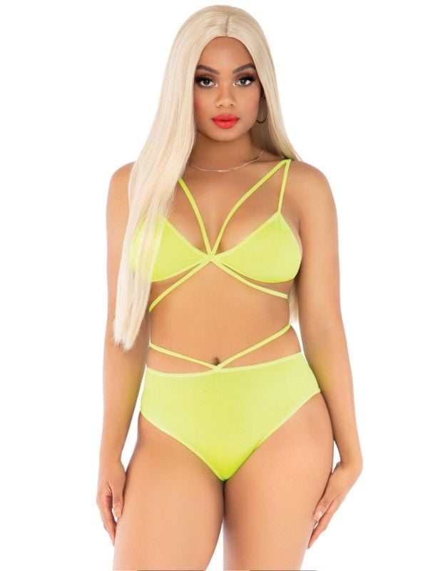 Neon Gele Cage Strap Bh Top en Slip Set