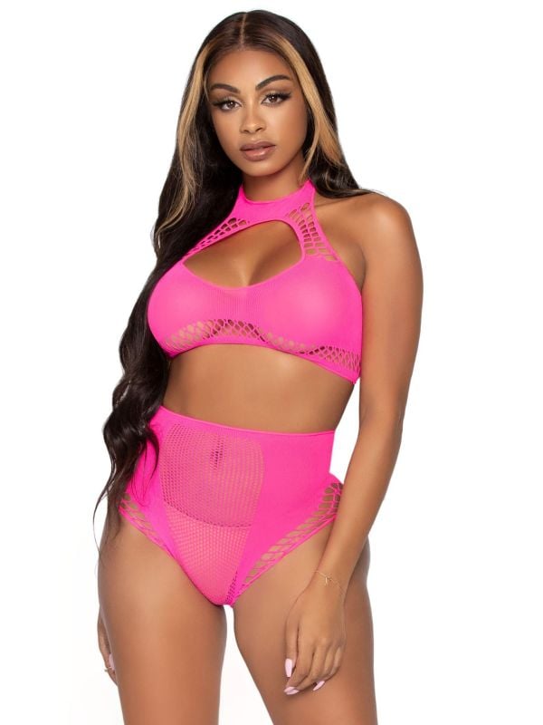 Neon Pink Crop Top en High Waist Bottom Set