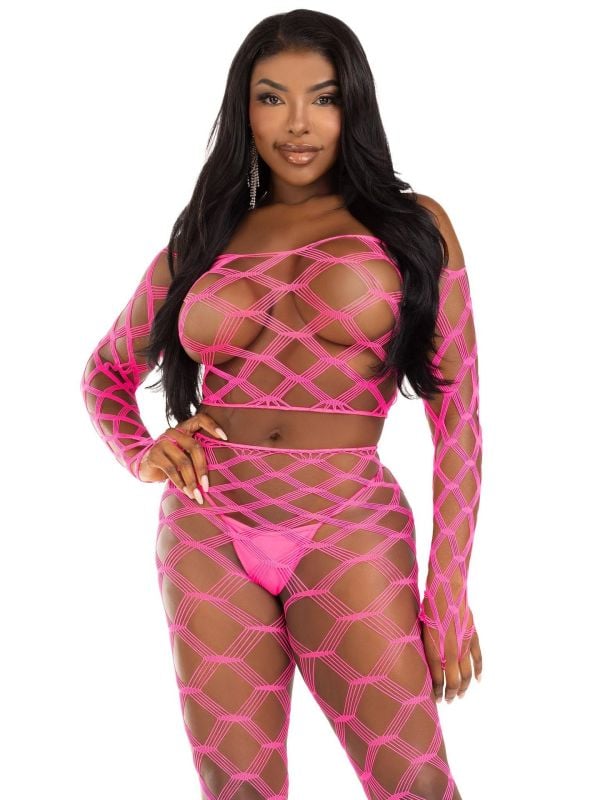 Neon Pink Net Crop Top en Footless Tights Set