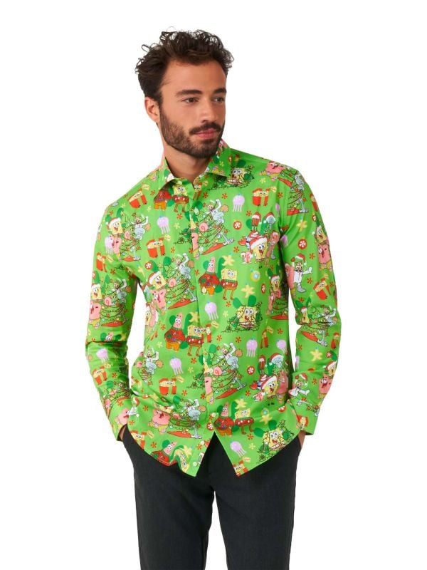 Opposuits Heren Overhemd SpongeBob Kertmis Groen