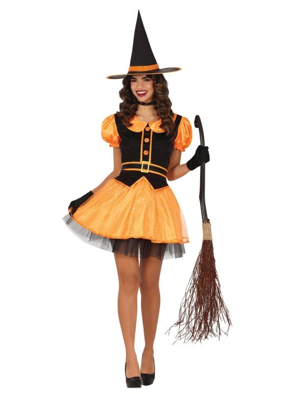 Oranje heksenoutfit dames halloween