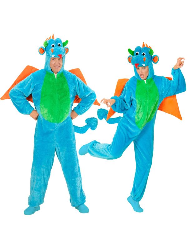 Pluche blauwe draak jumpsuit carnaval