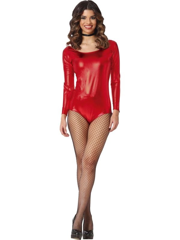 Rood Metallic Lange Mouwen Leotard Dames