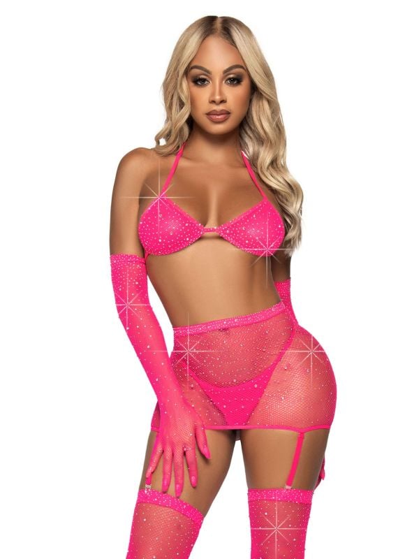 Sexy 5 delige roze strass visnet set