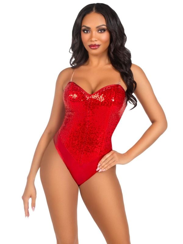 Sexy rode pailletten korset bodysuit dames