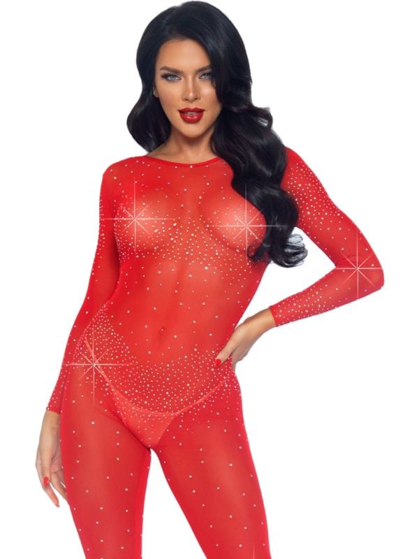 Sexy sheer diamond catsuit rood