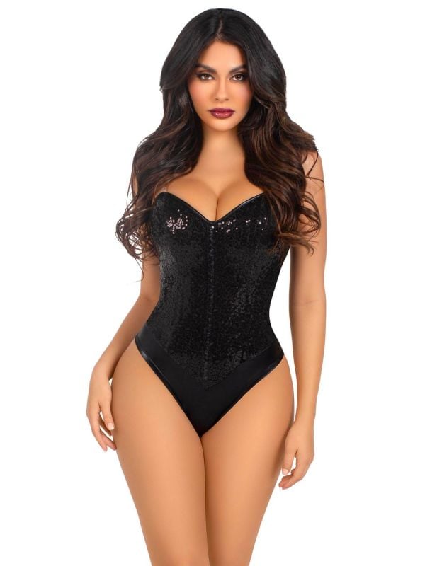 Sexy zwarte pailletten korset bodysuit dames