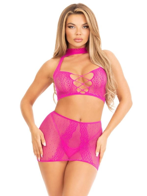 Stijlvolle Magenta Halter Crop Top en Mini Rok Set