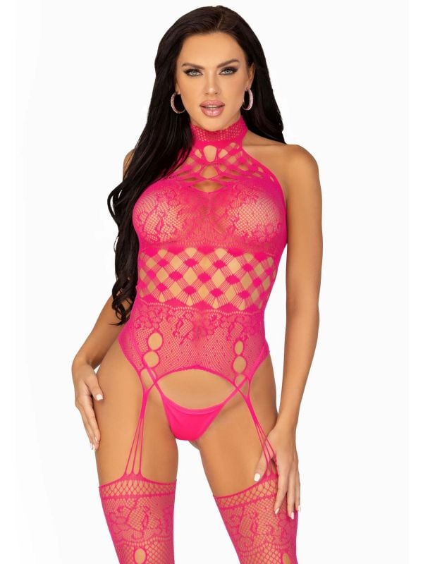 Verleidelijke High Neck Kant Bodystocking met Frambozenmotief