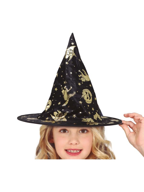 Zwart gouden heksenhoed Halloween kinderen