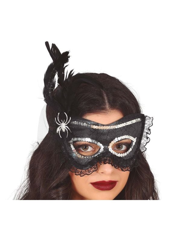 Zwart masquerade masker spin en veer