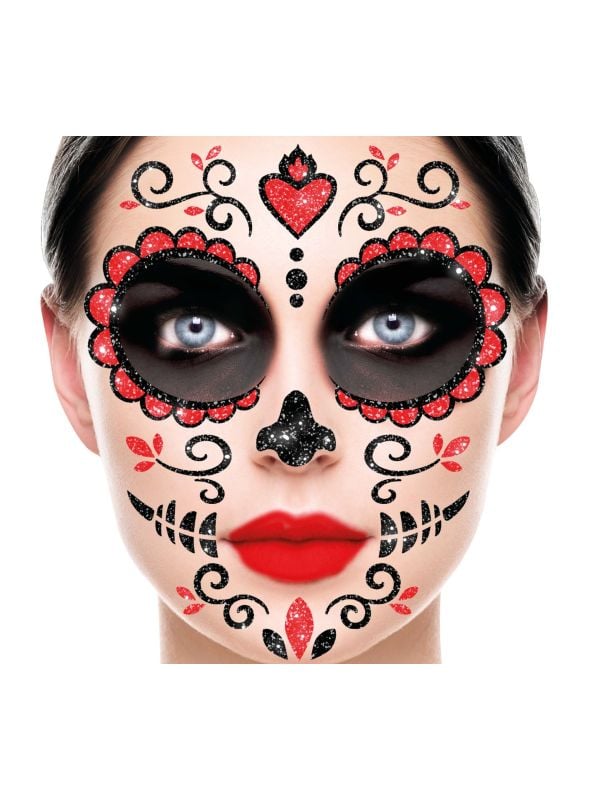 Zwart rood Dia de los muertos glittermasker