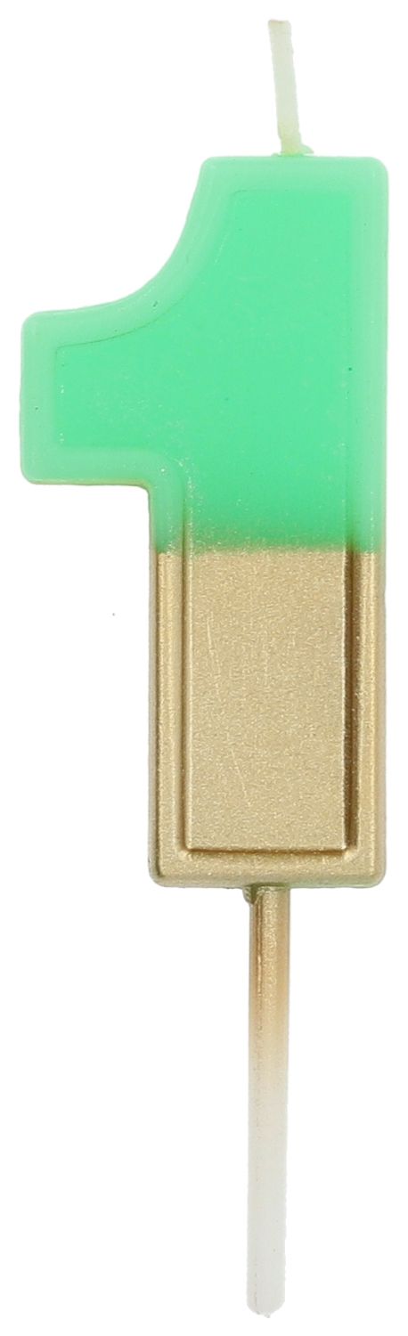 Cijfer 1 taartkaars retro goud/groen 5 cm