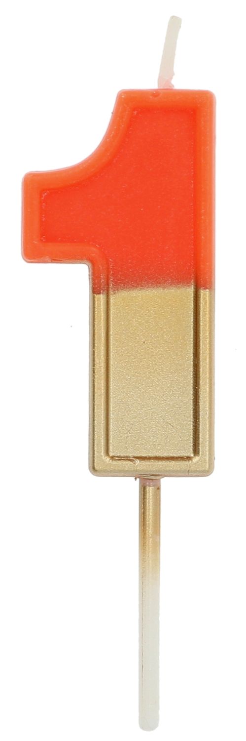 Cijfer 1 taartkaars retro goud/oranje 5 cm