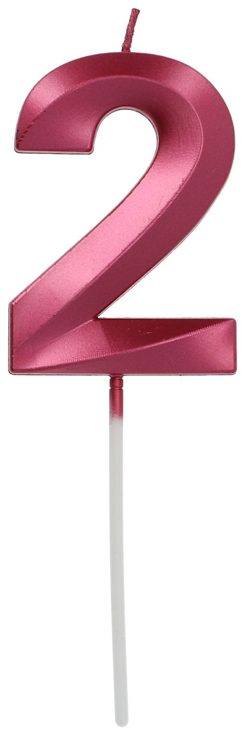 Cijfer 2 taartkaars metallic roze 7 cm