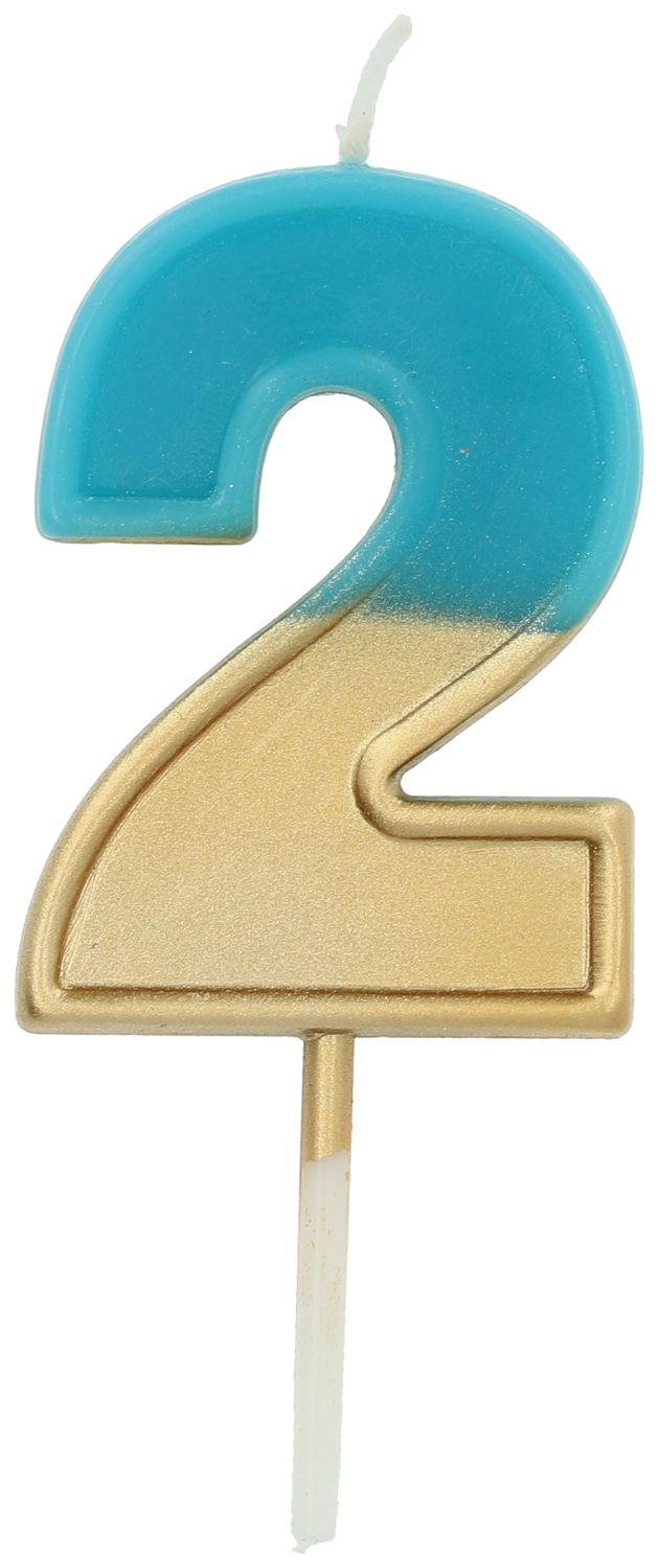 Cijfer 2 taartkaars retro goud/blauw 5 cm