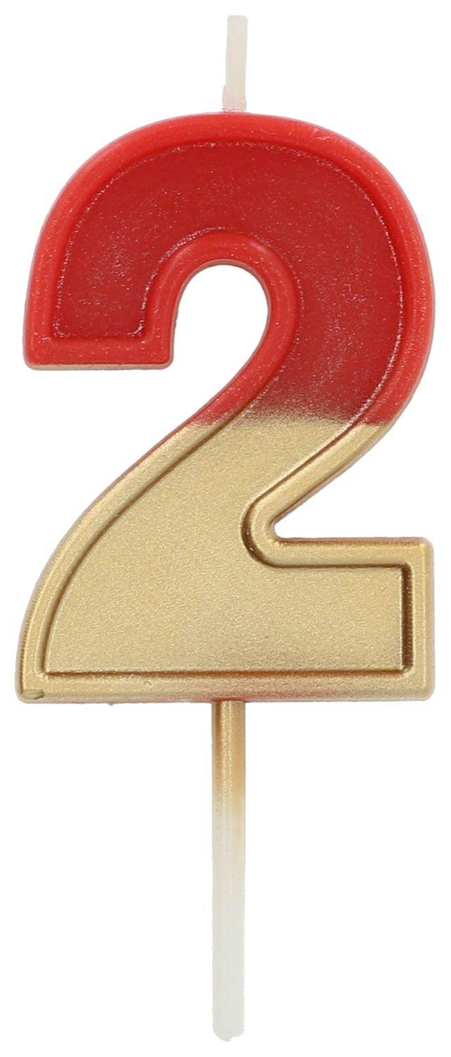 Cijfer 2 taartkaars retro goud/rood 5 cm