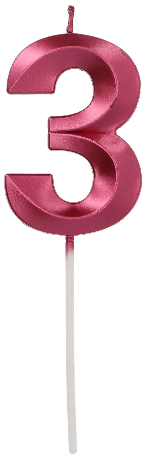 Cijfer 3 taartkaars metallic roze 7 cm