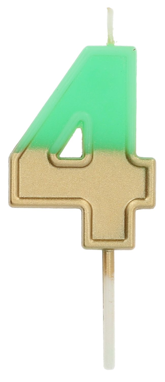 Cijfer 4 taartkaars retro goud/groen 5 cm