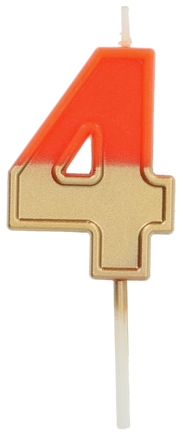 Cijfer 4 taartkaars retro goud/oranje 5 cm