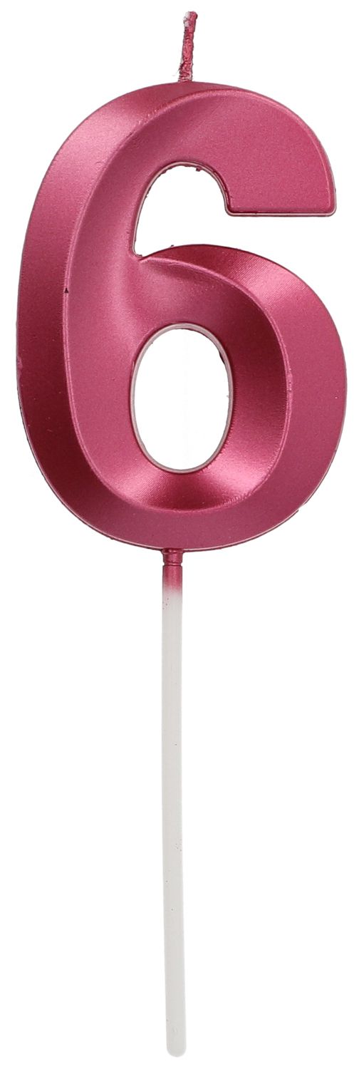 Cijfer 6 taartkaars metallic roze 7 cm