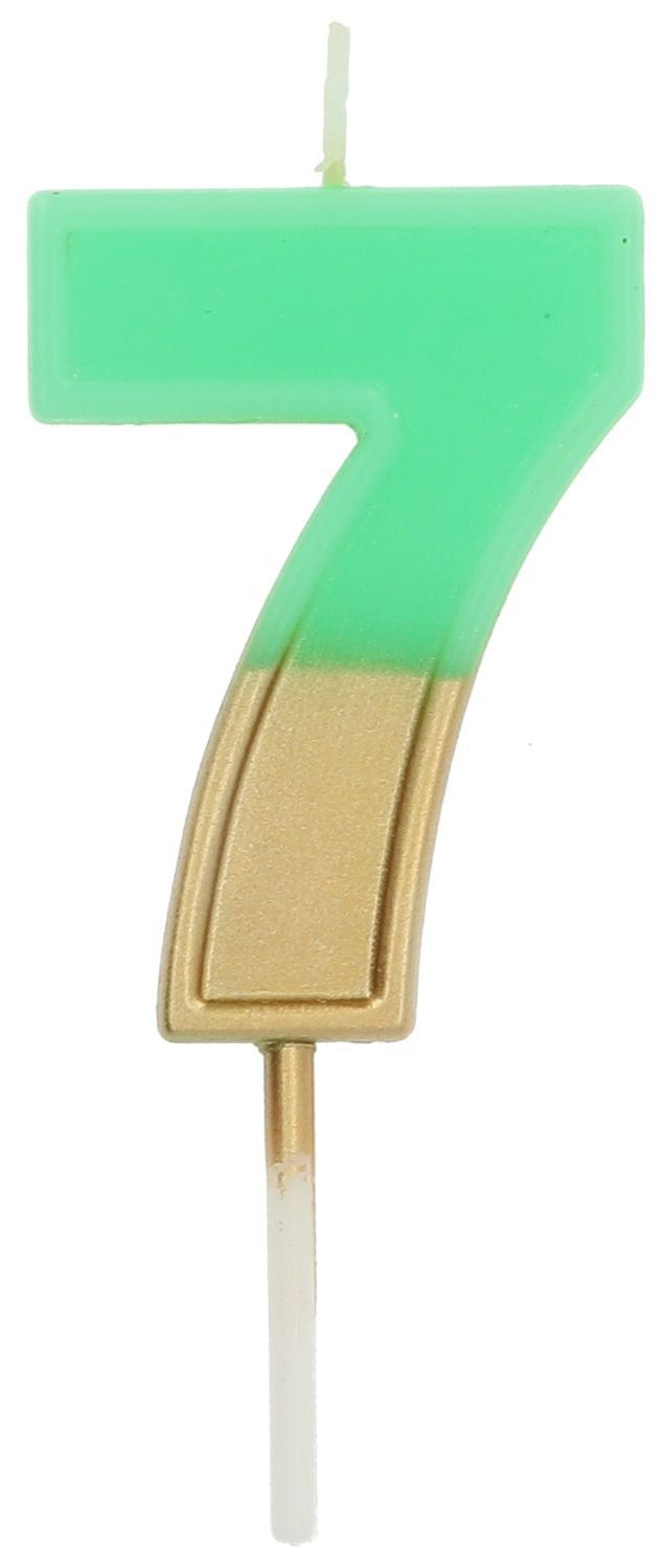 Cijfer 7 taartkaars retro goud/groen 5 cm