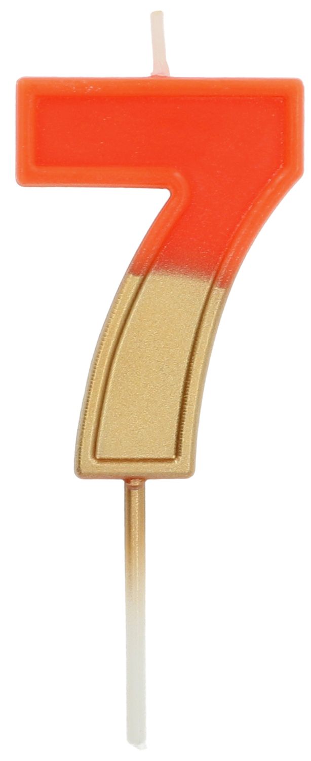 Cijfer 7 taartkaars retro goud/oranje 5 cm