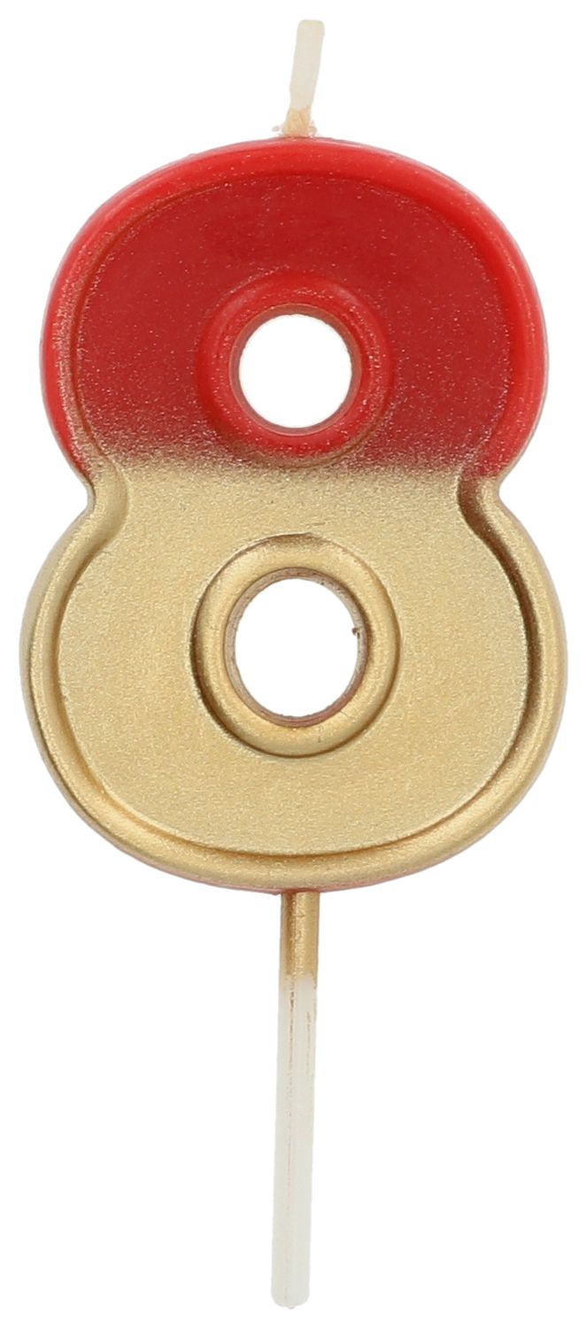 Cijfer 8 taartkaars retro goud/rood 5 cm