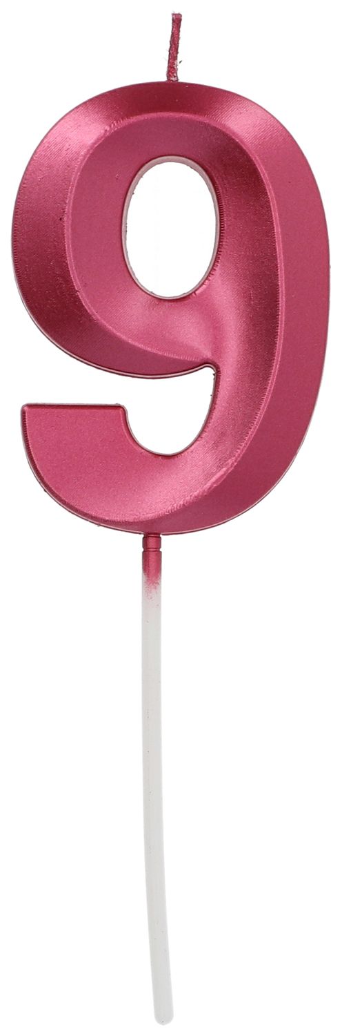 Cijfer 9 taartkaars metallic roze 7 cm