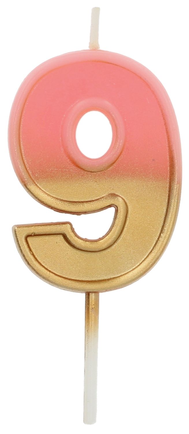 Cijfer 9 taartkaars retro goud/roze 5 cm