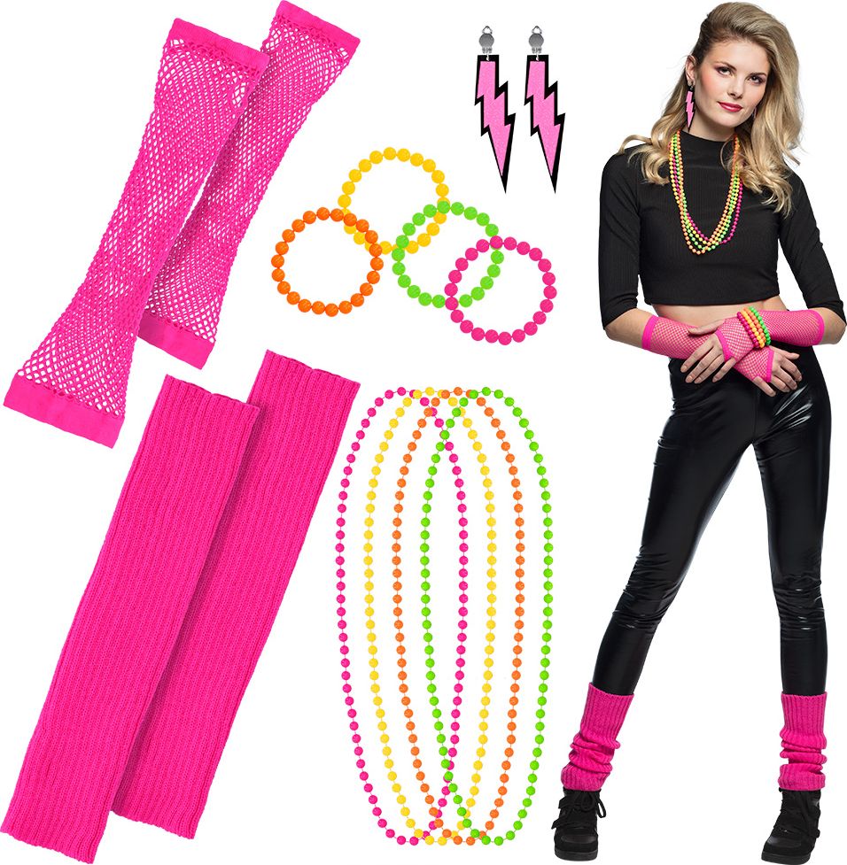 Complete 80s retro neon roze accessoire set