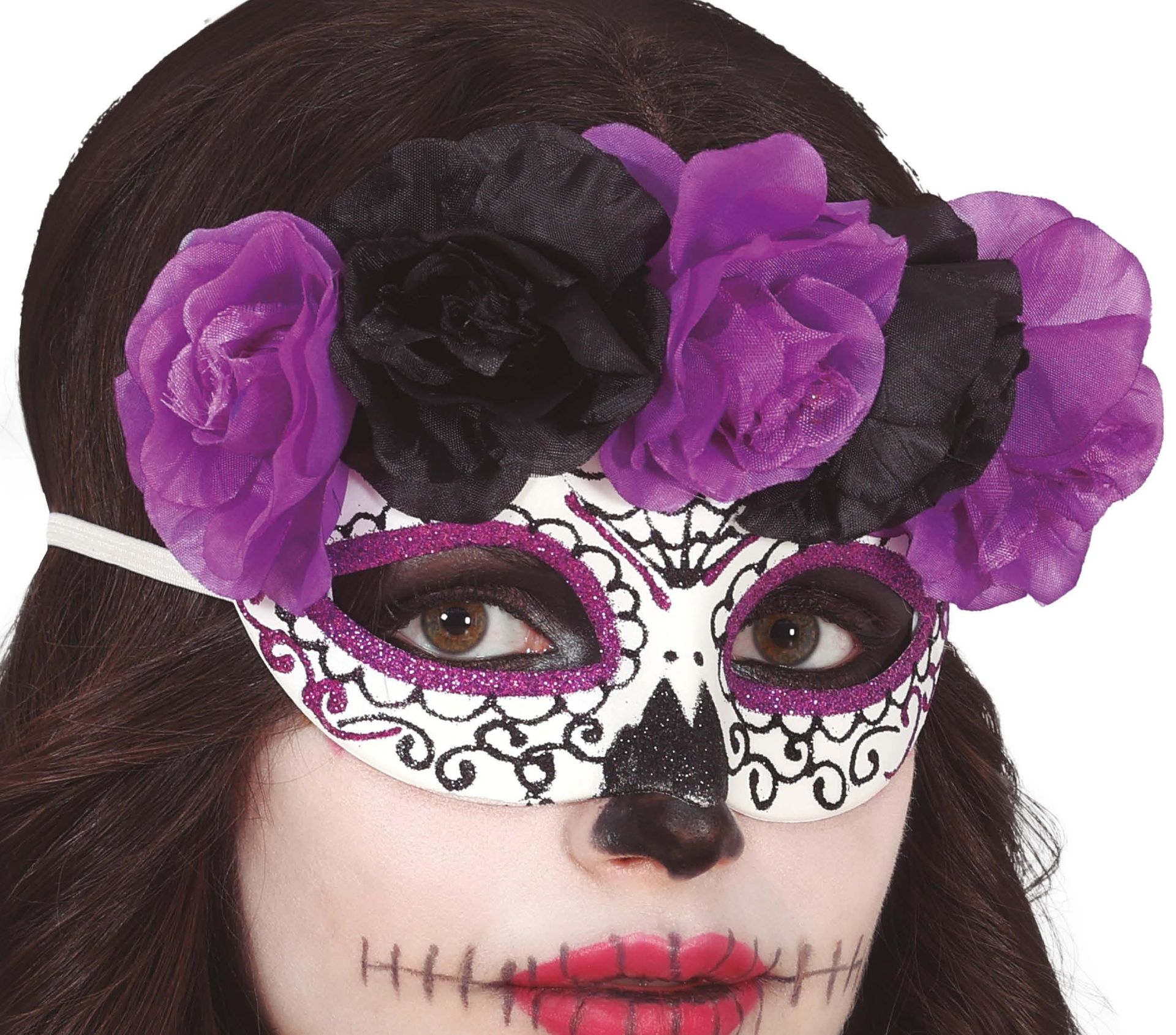 Dia de los muertos bloemen masker paars