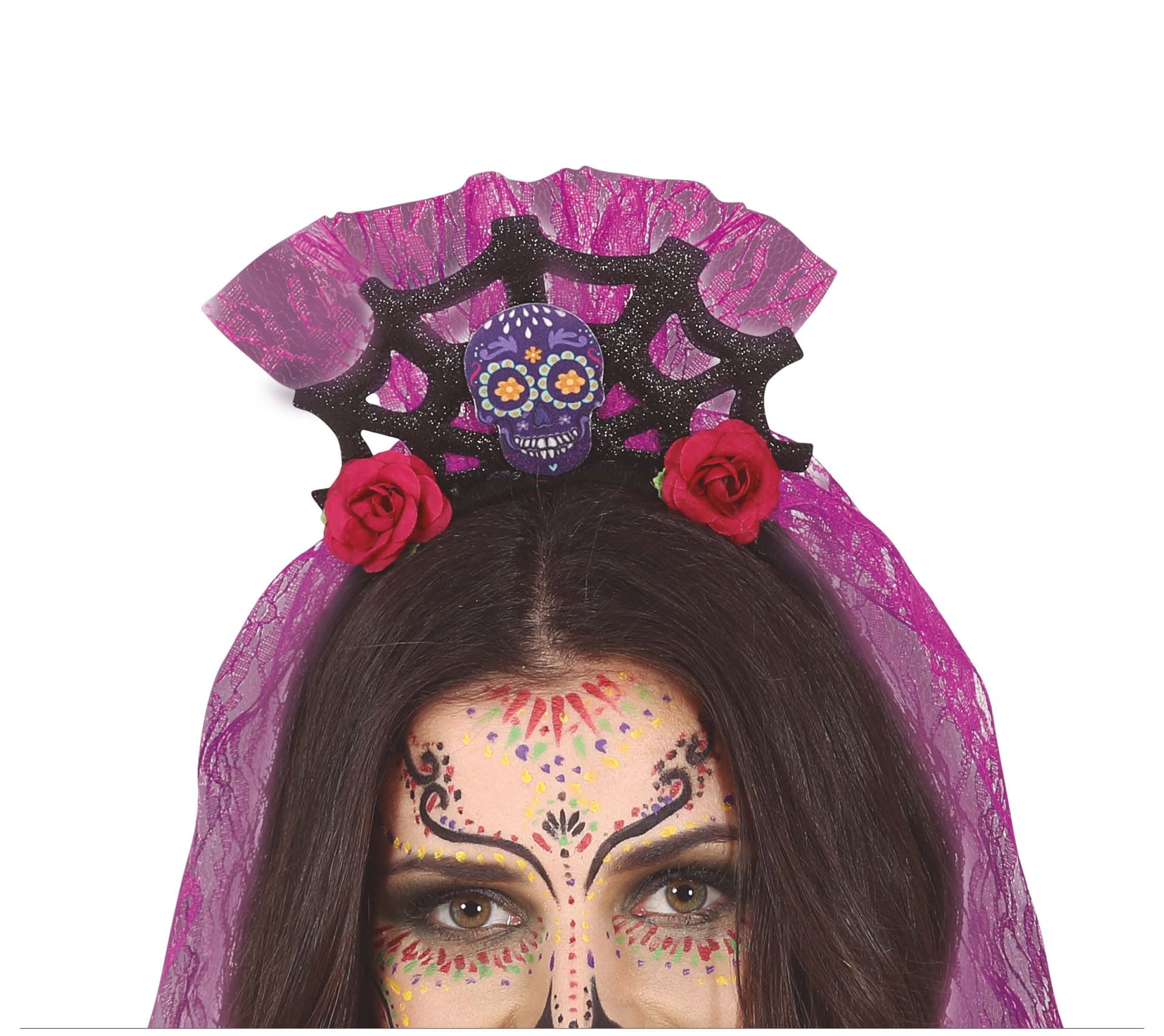 Dia de los muertos tiara met sluier paars