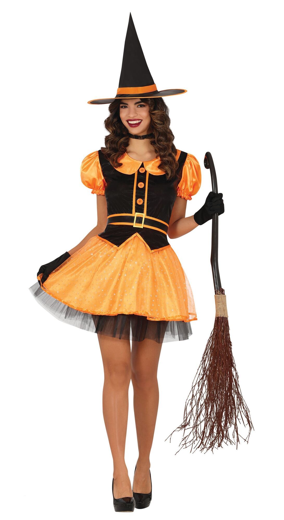 Oranje heksenoutfit dames halloween