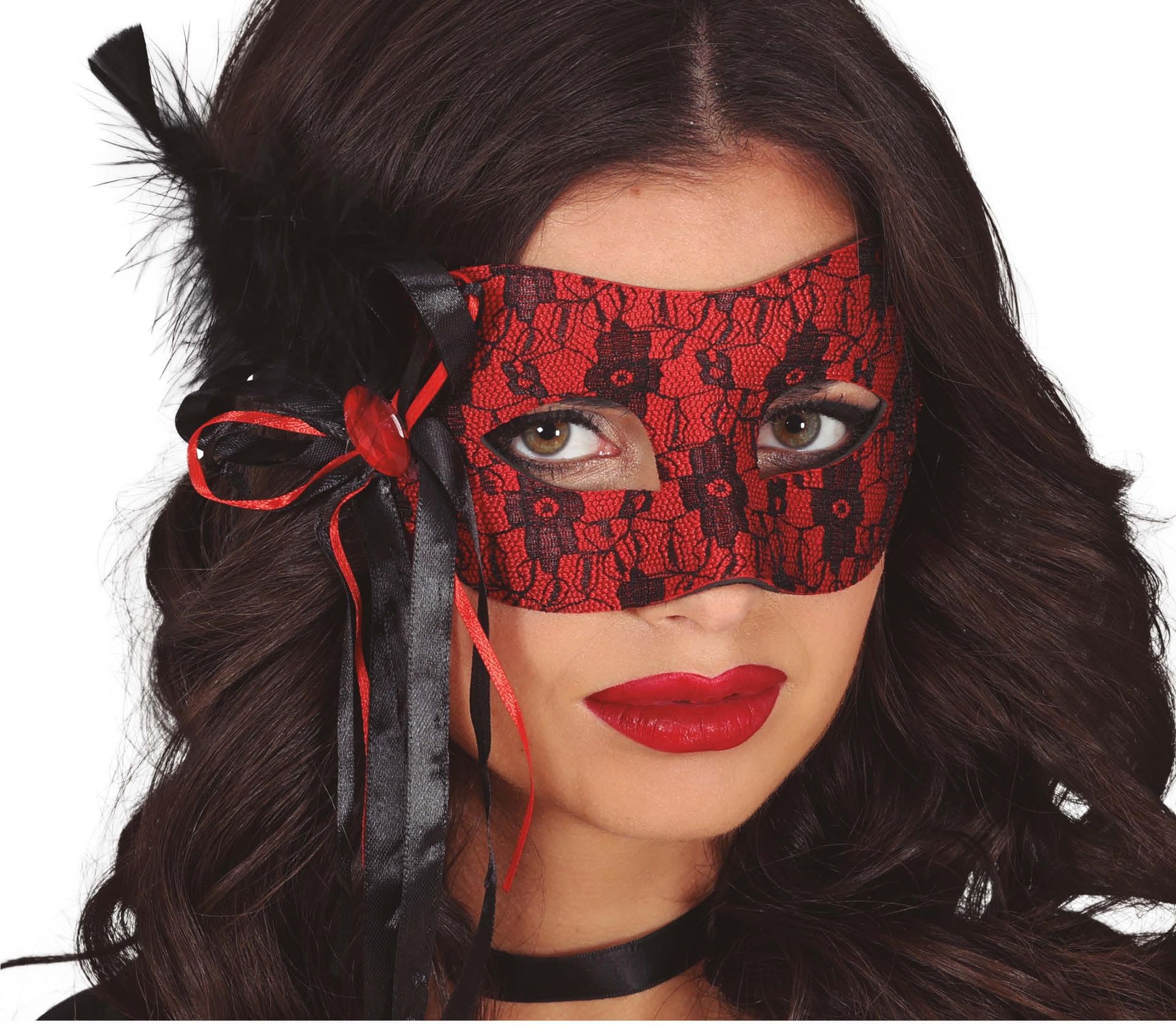 Rood zwart masker met veer