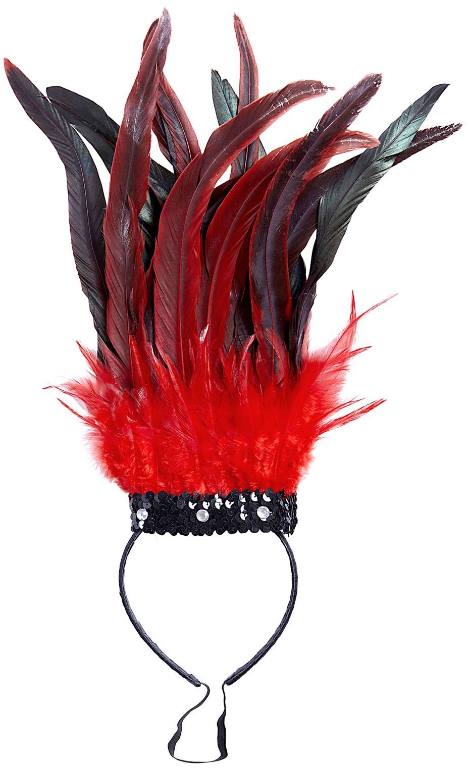 Uitdrukking Ploeg Ruimteschip Rood zwarte veren hoofdtooi | Carnavalskleding.nl