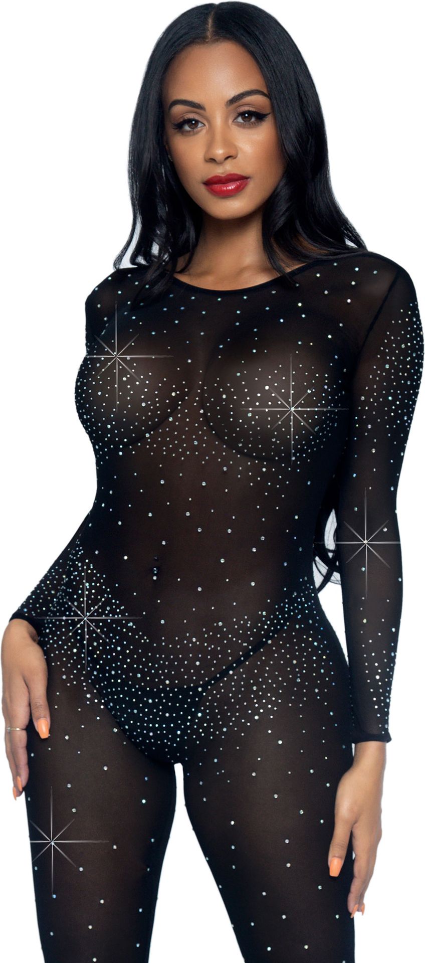 Sexy sheer diamond catsuit zwart