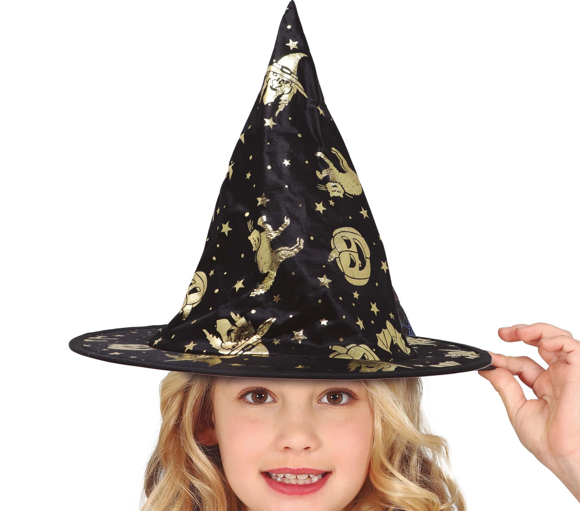 Zwart gouden heksenhoed Halloween kinderen