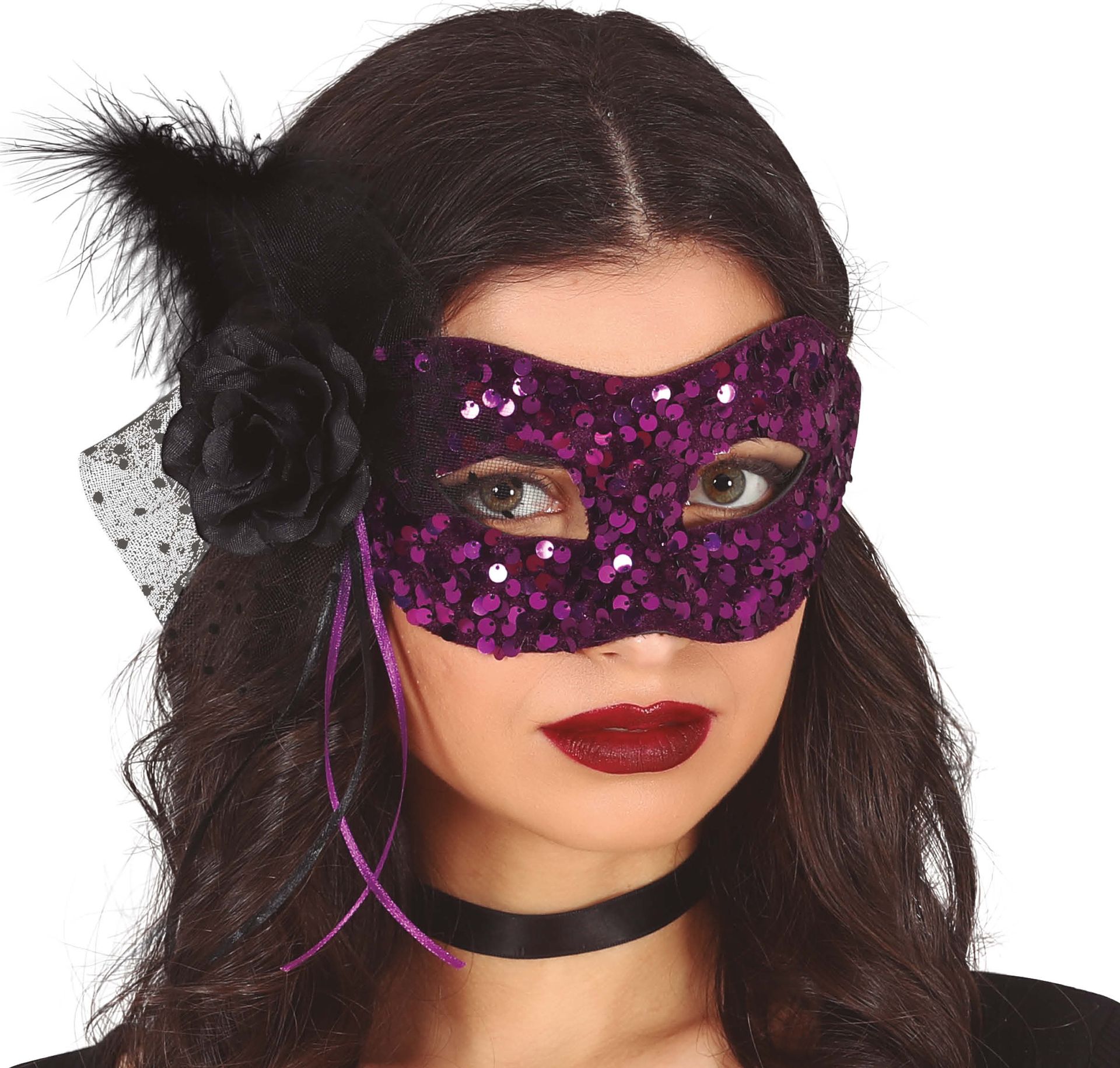 Zwart paars sequin masker