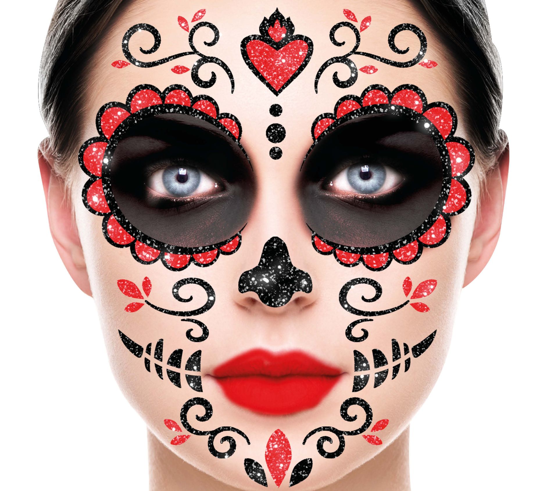 Zwart rood Dia de los muertos glittermasker